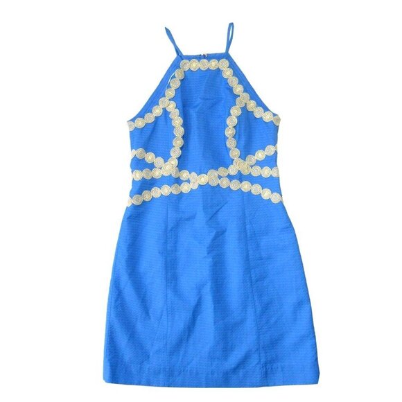 NWT Lilly Pulitzer Pearl Shift in Bennet Blue Gold Trim Sleeveless Dress 2 $198